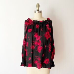 Talbots Blouse Black Pink Floral Rose Elastic Neck Smocked Cuff MP Petite
